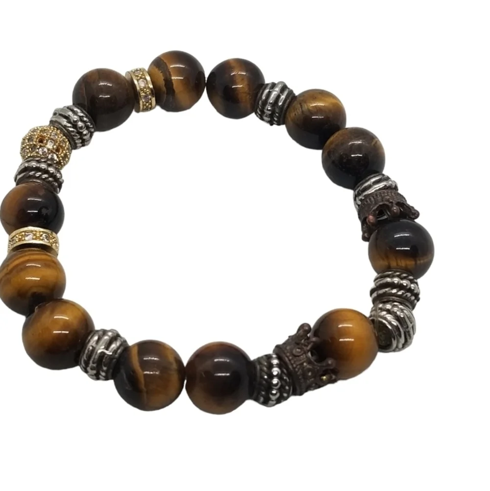 VINTAGE GENUINE TIGERS EYE GEMSTONE & CRYSTAL BEAD STRETCH BRACELET - Picture 4 of 6